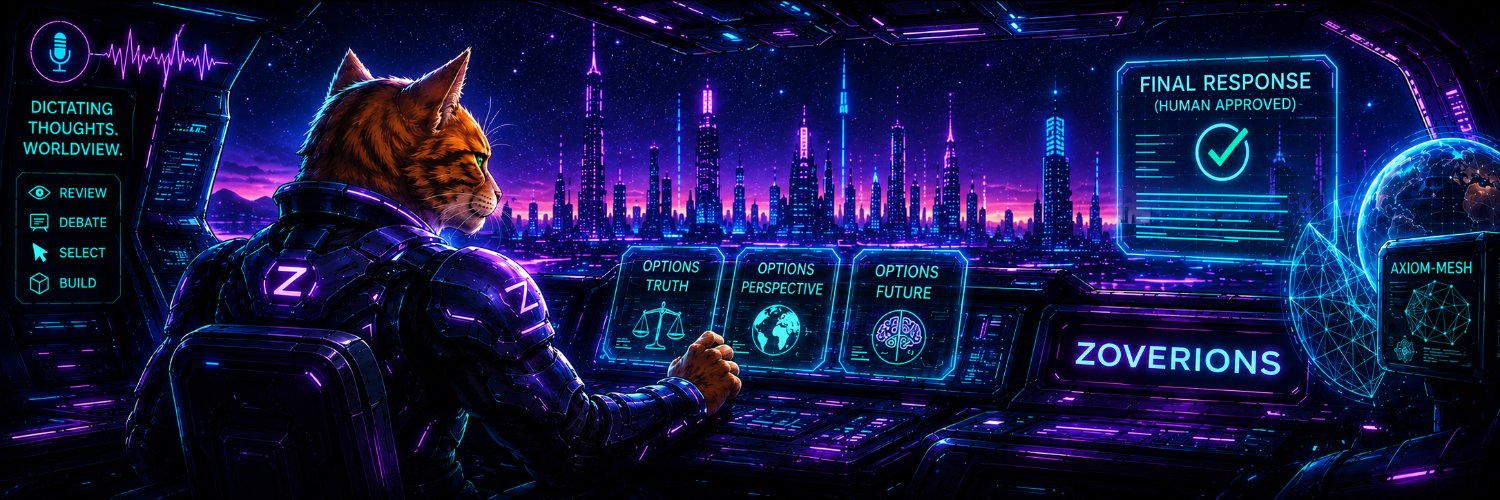 ZOVERIONS cybernetic cat at a neon control desk, exploring truth, perspective and the future, with human approval at the centre. A hidden entrance is somewhere in the cockpit.